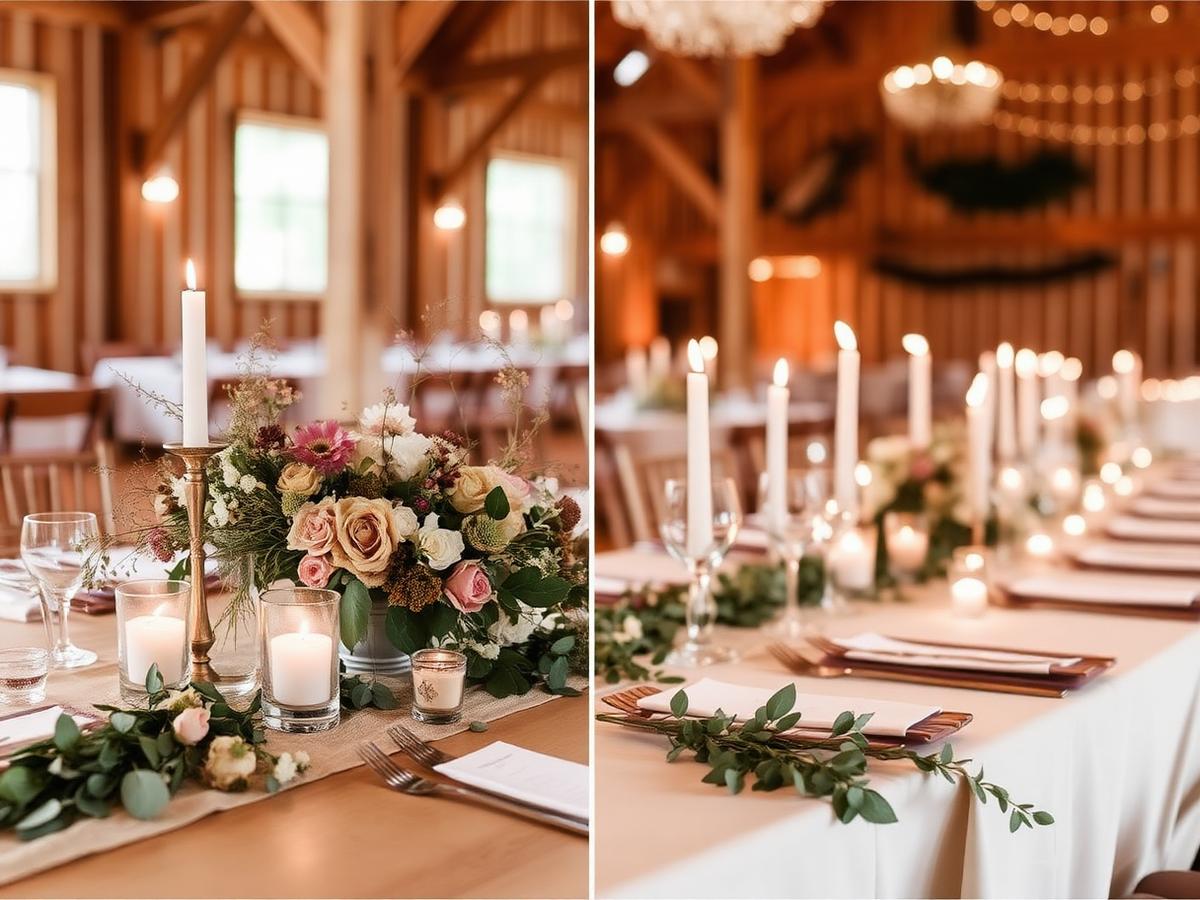 A reception table set with candles, wildflowers, and greenery