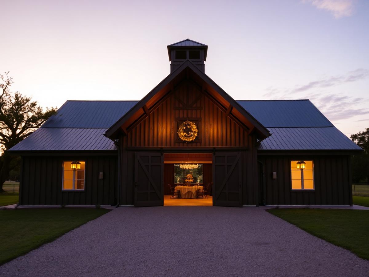 The Warehouse exterior glowing at dusk in Devine, Texas